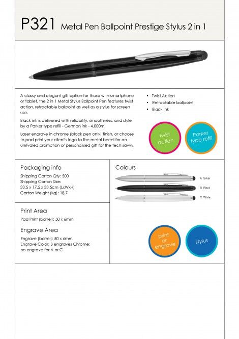 P321 Metal Pen Ballpoint Prestige Stylus 2 in 1 Flyer