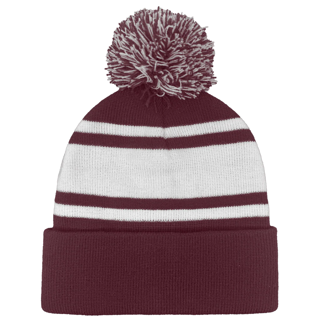 B1900 Headwear24 Cuffed Knitted Pom Pom Beanie Maroon white