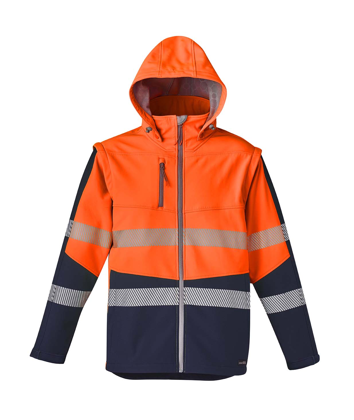 ZJ453 Syzmik Unisex 2 in 1 Stretch Softshell Tape Jacket OrangeNavy F Hood