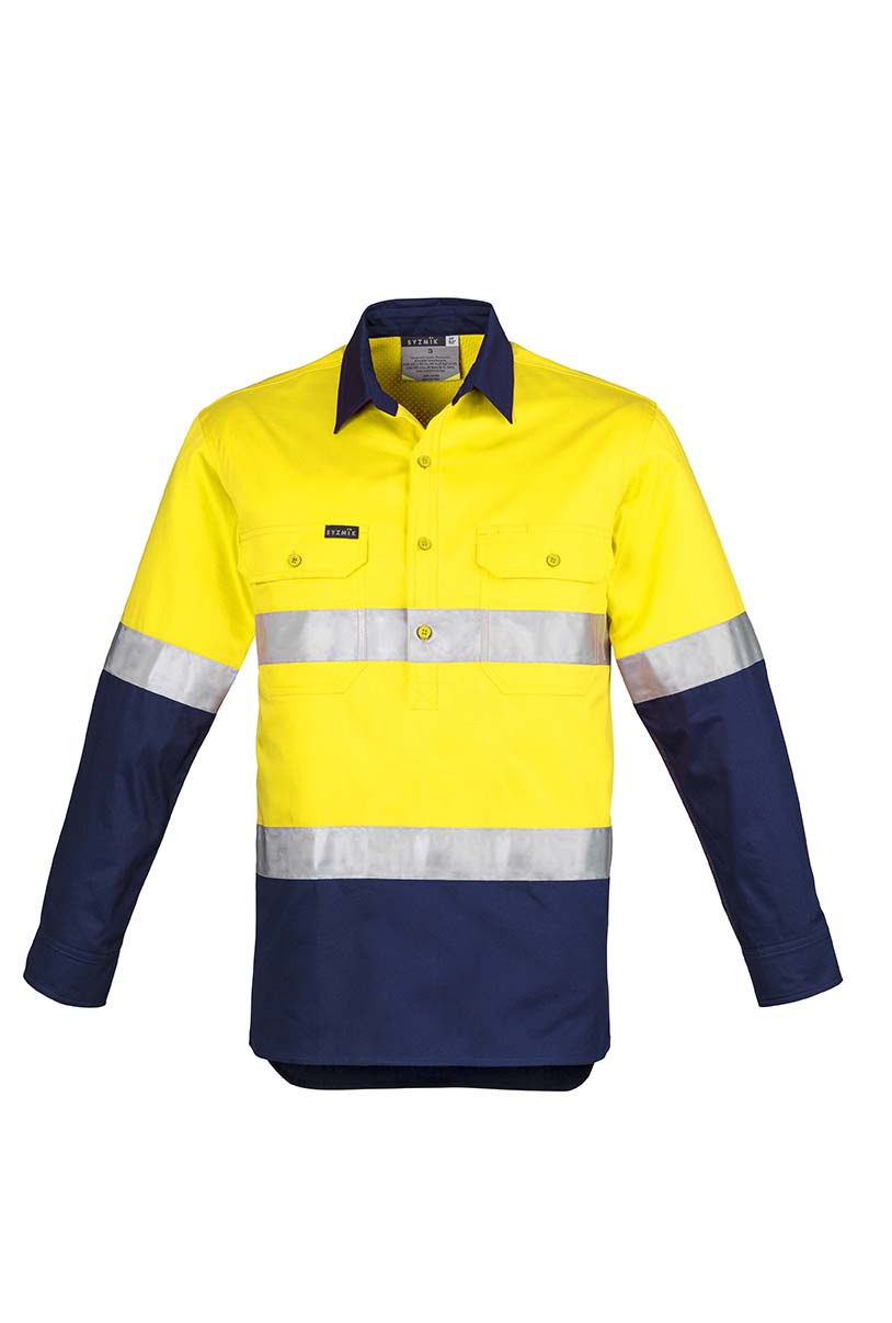 ZW550 Syzmik Hi Vis Closed Front LS Shirt Hoop Taped YellowNavy F