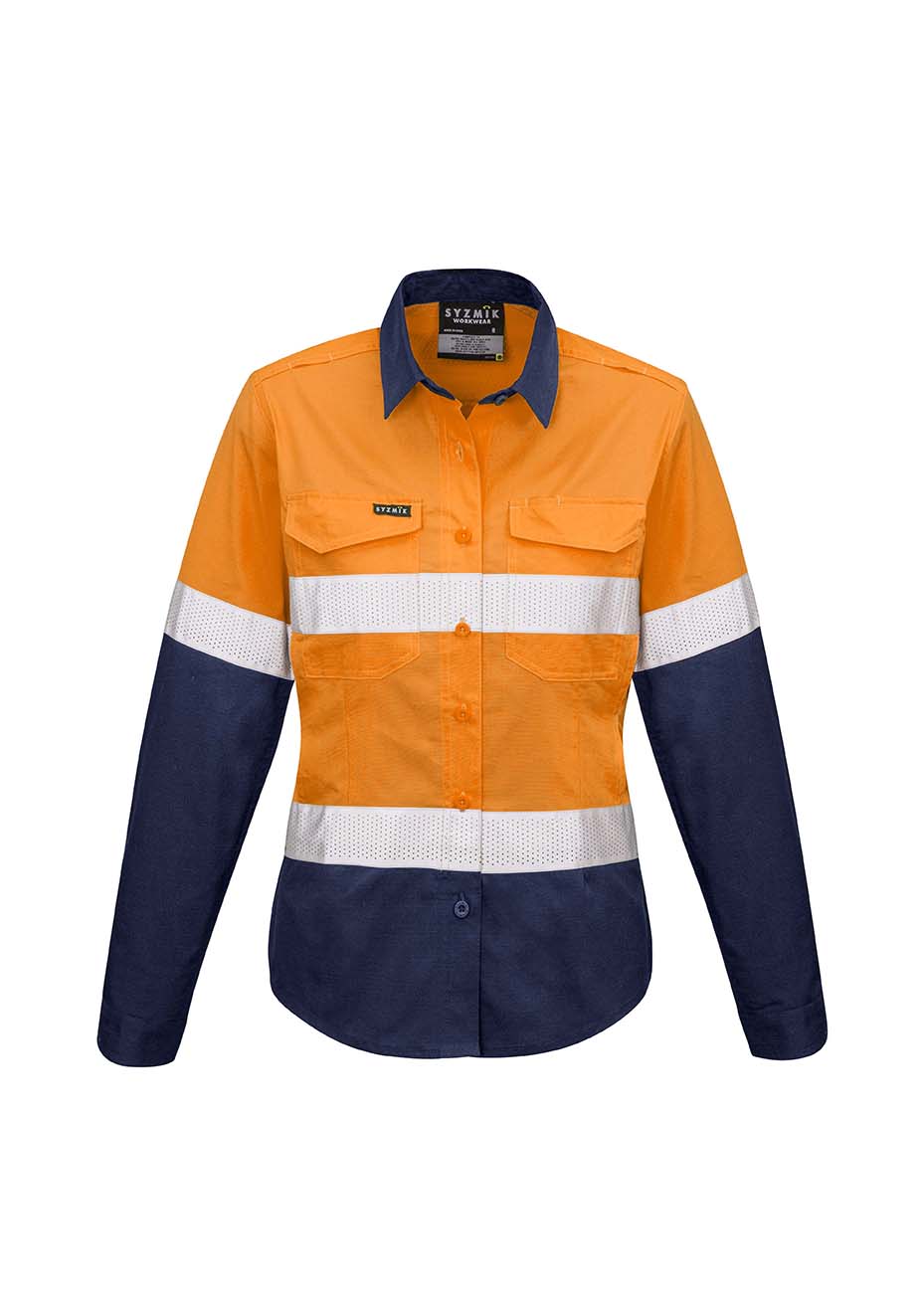 ZW720 Syzmik Womens Rugged Cooling Taped Hi Vis Spliced Shirt OrangeNavy F
