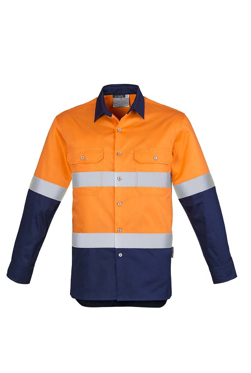 Syzmik Hi Vis Spliced Industrial Shirt Hoop Taped 7 ZW123 Hi Vis Spliced Industrial Shirt Hoop Taped OrangeNavy F