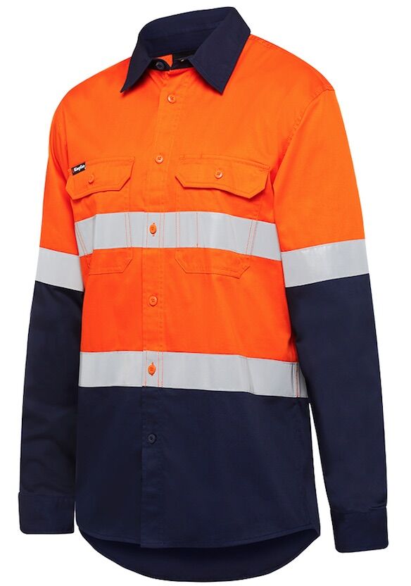 K54025 KingGee Vented Spliced Drill LS Shirt with Tape Orange Navy Front