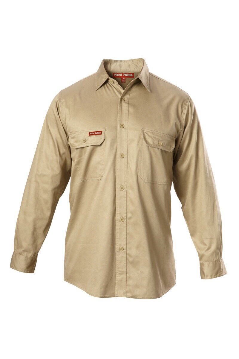Y07500 Hard Yakka Foundations Cotton Drill LS Shirt Khaki Front